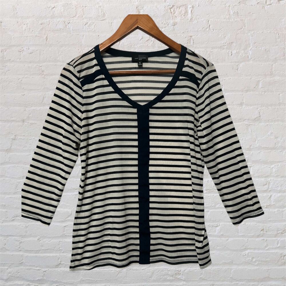 The Limited Navy Cream Sheer Striped 3/4 Sleeve Lightweight V Neck Blouse Medium
